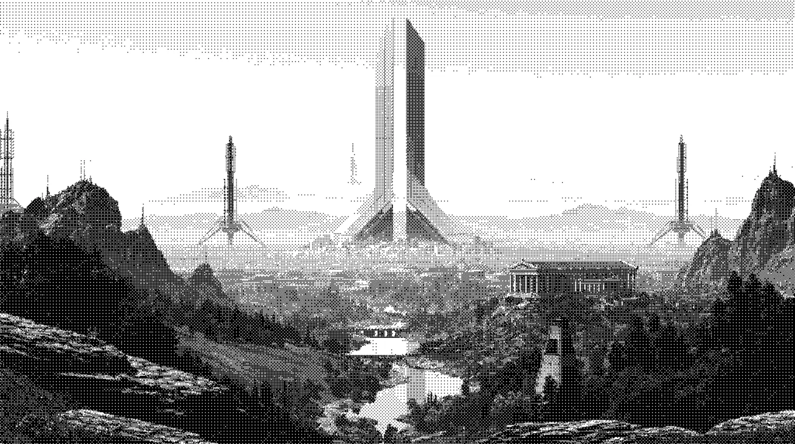 Dithered black-and-white valley city: a colossal blade-like monolith tower rises at center flanked by rocket-shaped spires, with a Greek temple on a ridge and a river gorge in the foreground