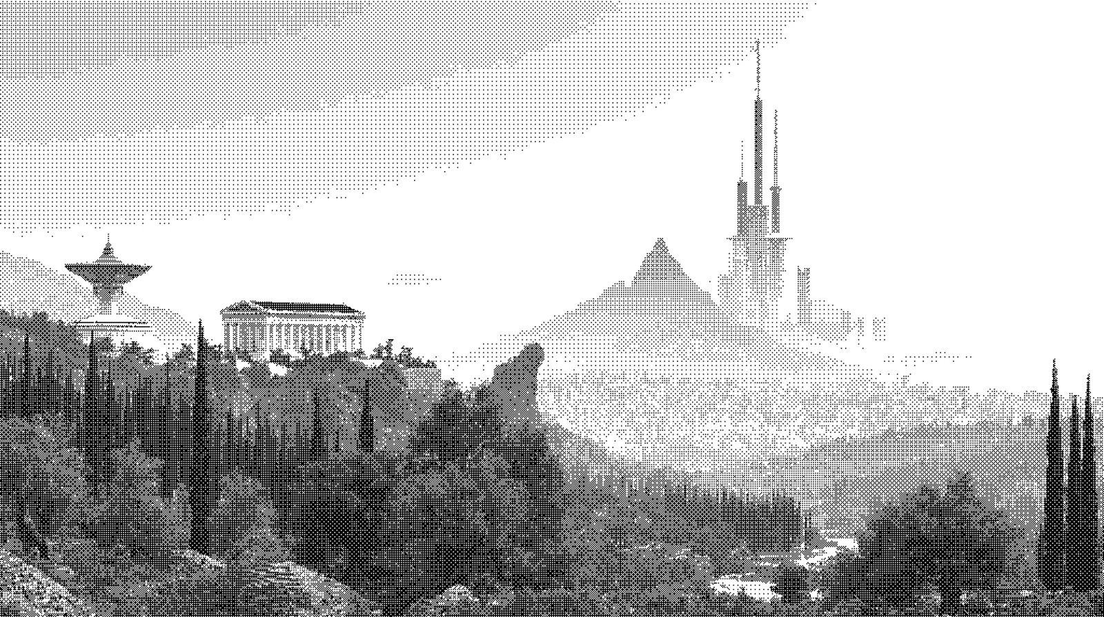 Dithered black-and-white acropolis: a Doric temple and dish tower atop a cypress-covered hill, with a pyramid mountain and a tiered futuristic spire in the hazy city beyond