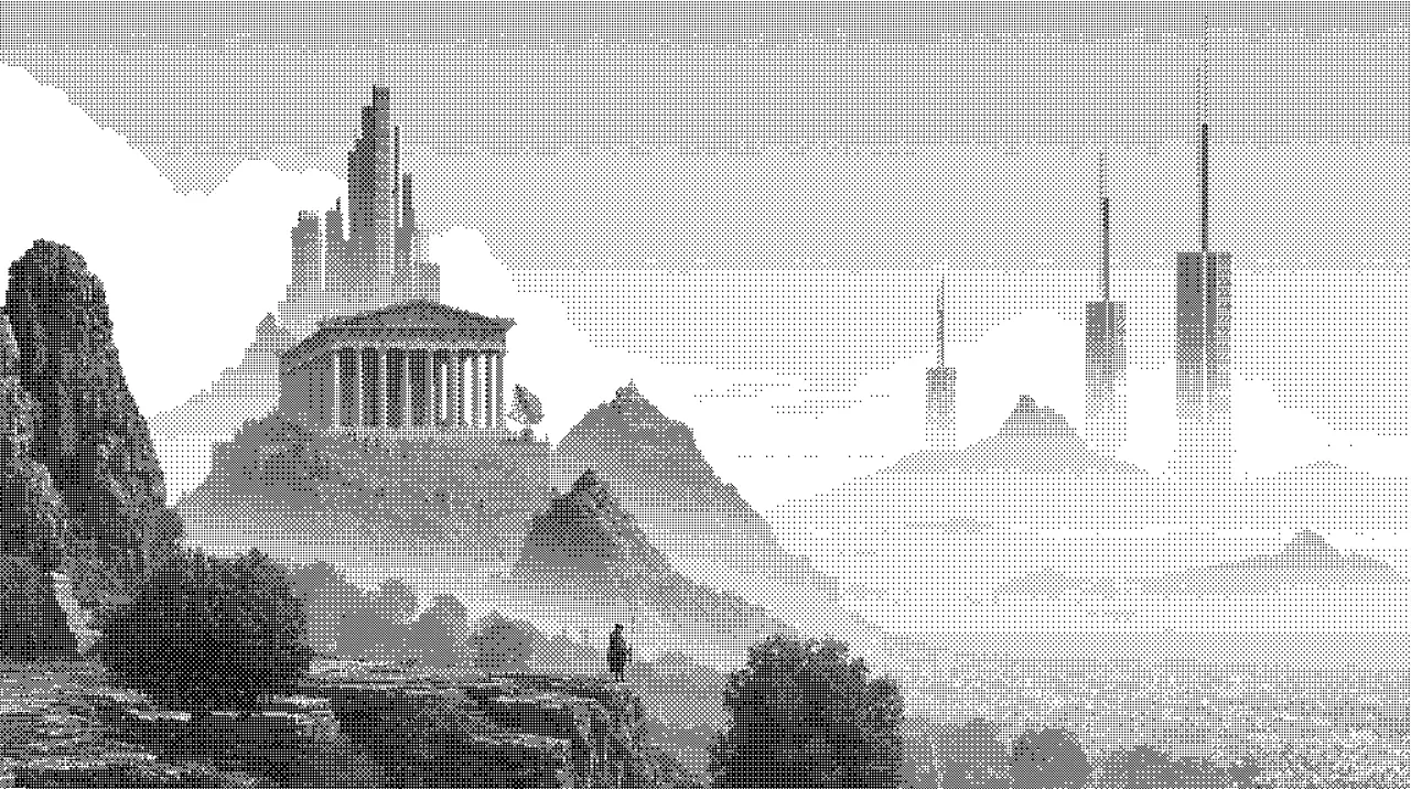 Dithered crag with a columned Greek temple below jagged peaks, a lone figure on the ledge, and three thin towers in the misty distance
