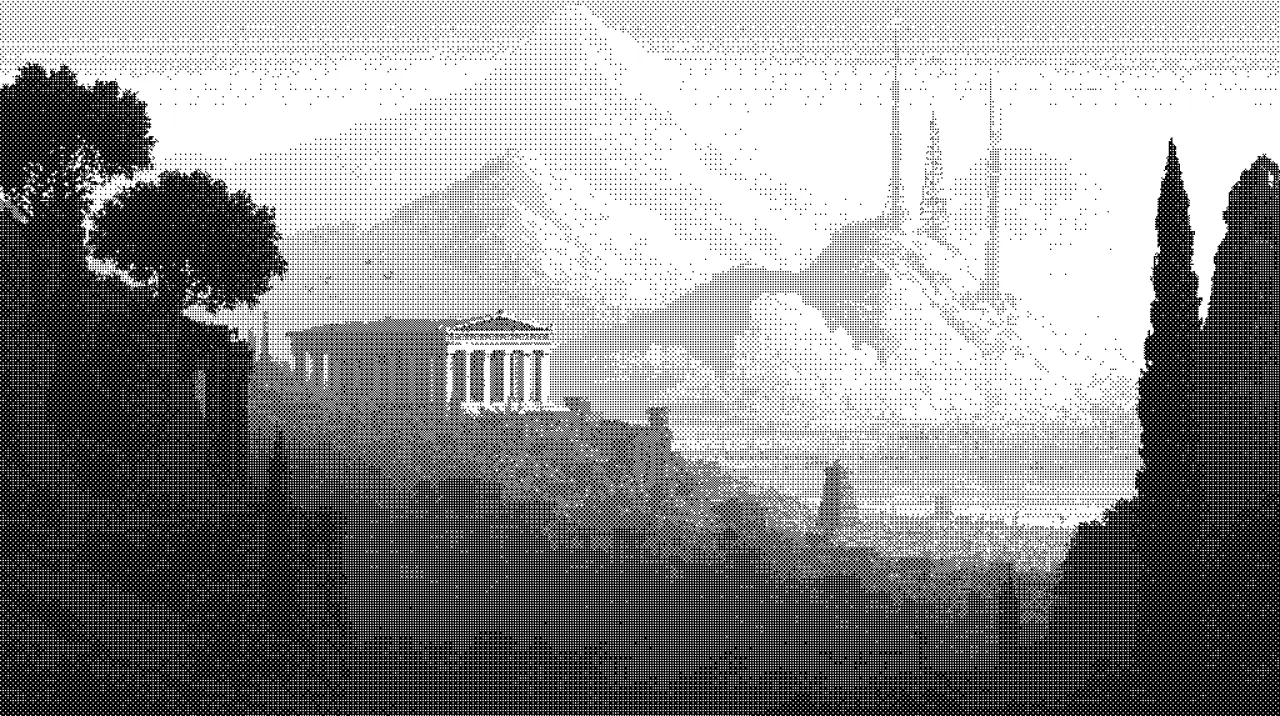 Dithered hillside temple framed by dark trees, a huge mountain behind and slender antenna spires piercing the clouds