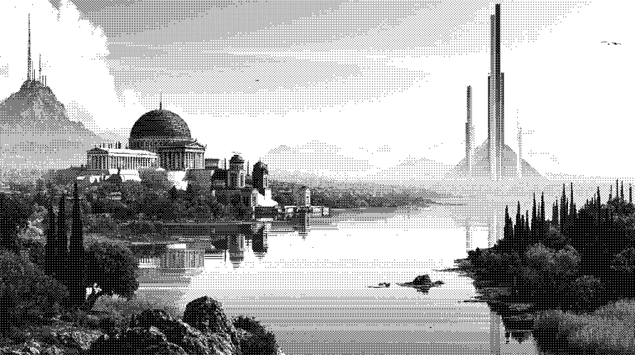 Dithered lakeside capitol: a domed classical building and colonnades reflected in still water, needle-thin skyscrapers across the lake