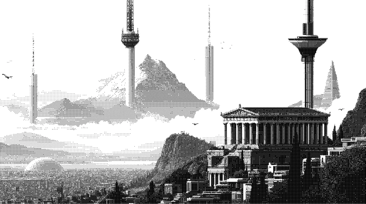 Dithered terrace city: a long colonnaded Greek temple with towering flared broadcast pylons behind it and a valley city below