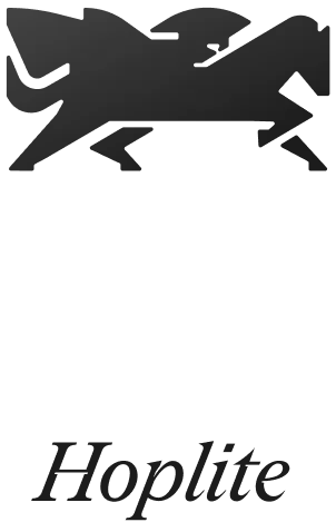 Hoplite mark and wordmark at dither level 1 of 5